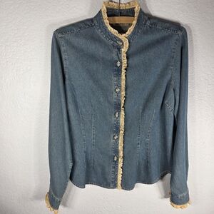 I.E. Relaxed Denim Jean Jacket 8 Button Front Blue Lace Cream Detail Mock Neck